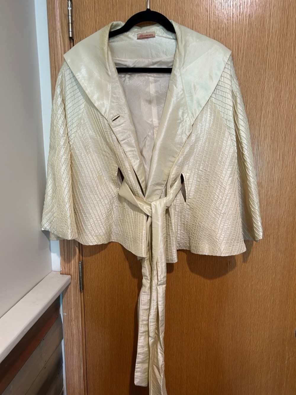 Cupcake Ivory Shimmery Silk Textured Tie-Waist Cape Coat